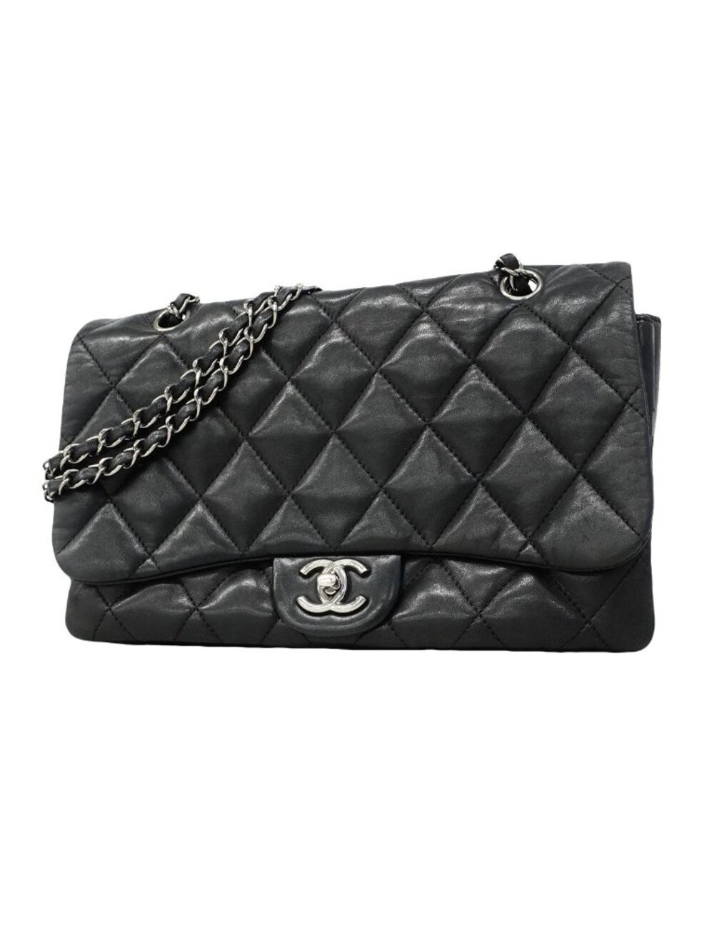 Chanel Shoulder Bag Quilted Lambskin Black Silver